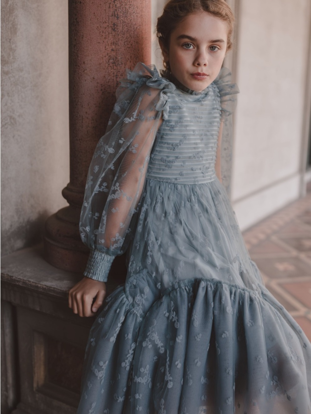 Little Girls' Dusty Blue Floral Embroidered Tulle Wedding Dress (Matching Set)